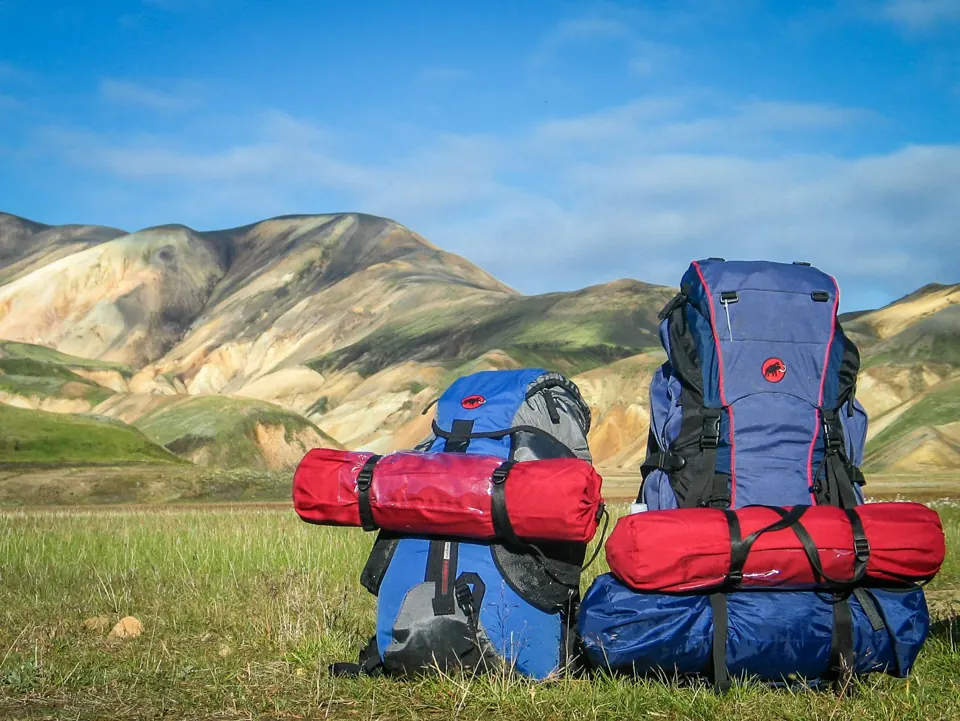 Hiking backpacks on grass with mountains background