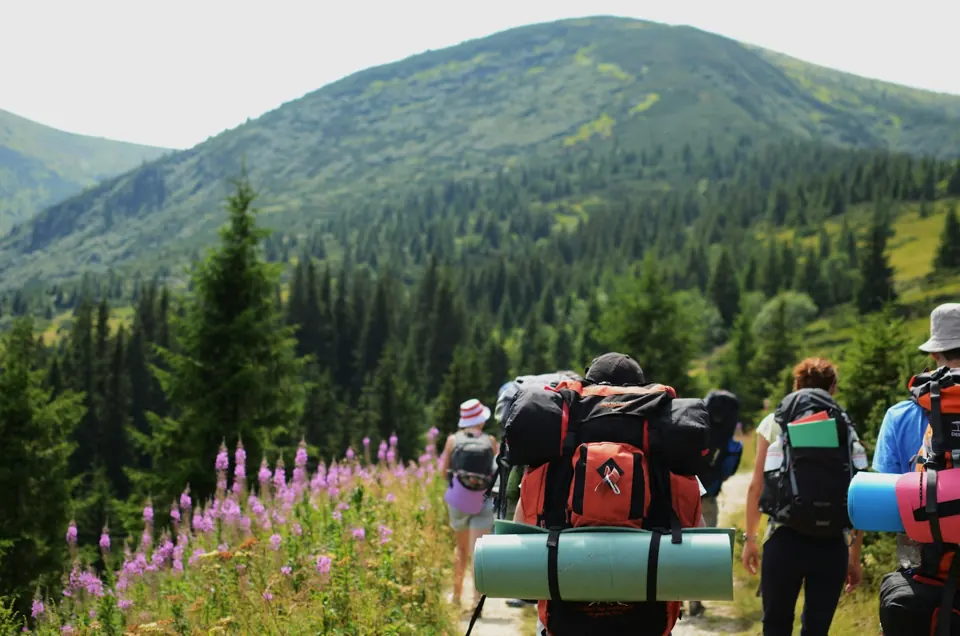 Group carrying hiking bags on a hilltop