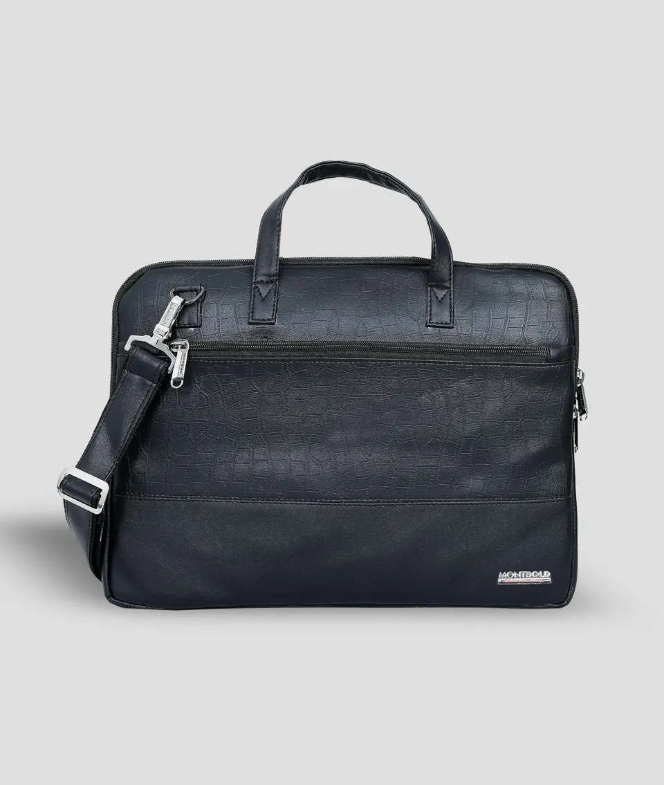 A dark blue briefcase with a shoulder strap